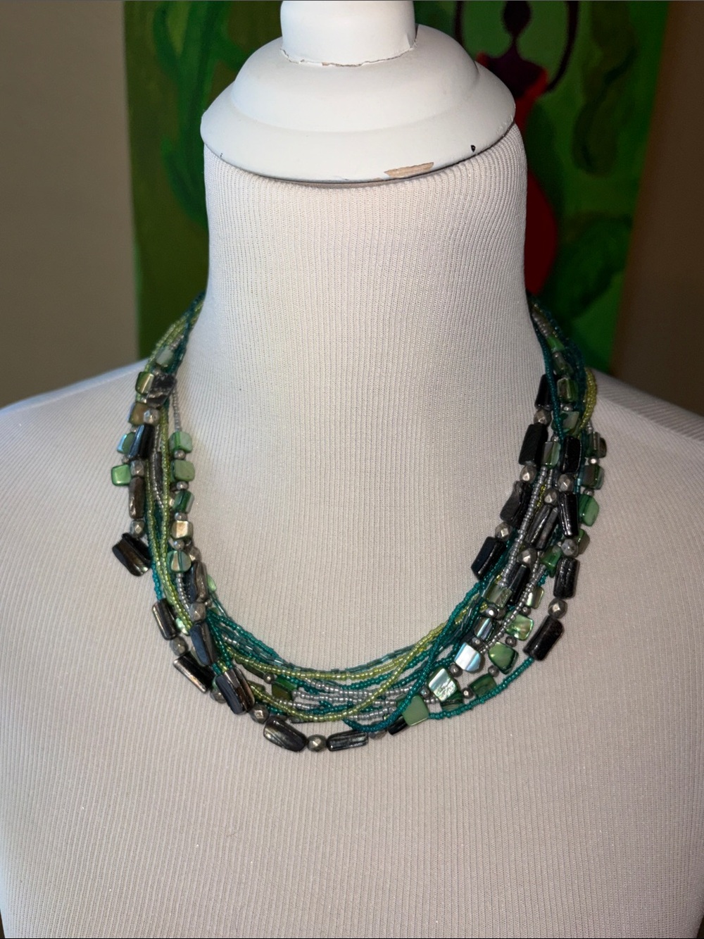 Layered Green/ blue Multi-Strand Beaded Necklace with Mixed Stone Accents